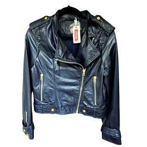 Kookai Paris Genuine Leather Biker Jacket Navy Blue Size 38 New With Tags